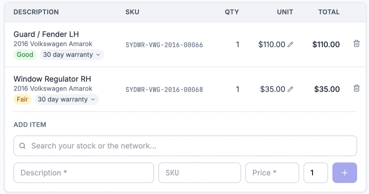 A quote: line items with SKU, condition, warranty and price, and a search box that adds parts from your own stock or the network.
